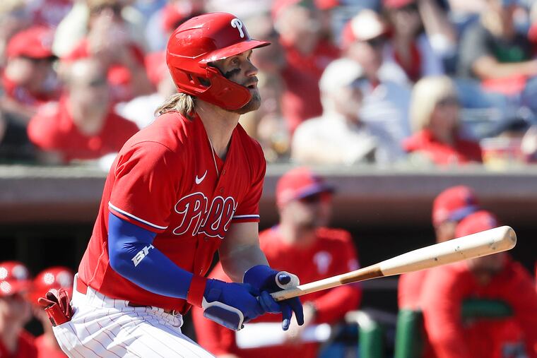 Phillies outfielder Bryce Harper batting against the Baltimore Orioles in a spring training game on Sunday.