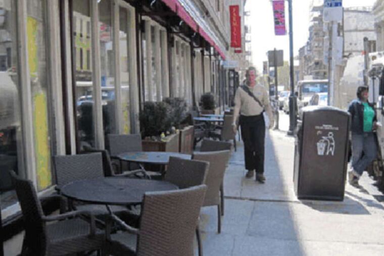 The sidewalk in front of Pizzicato on Market at 3rd was blocked by planters, tables and signs (left) but was tidied up after a ticket was issued and a trash truck brought in to provide some incentive. Had the sidewalk not been cleared up, some of the obstructing items could have been crushed.