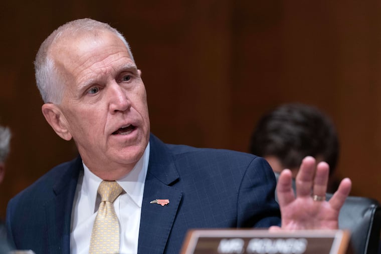 Sen. Thom Tillis (R., N.C.) speaks during the confirmation hearing of Kevin Warsh, nominee for Federal Reserve chair, on Capitol Hill, in Washington Tuesday, April 21, 2026.