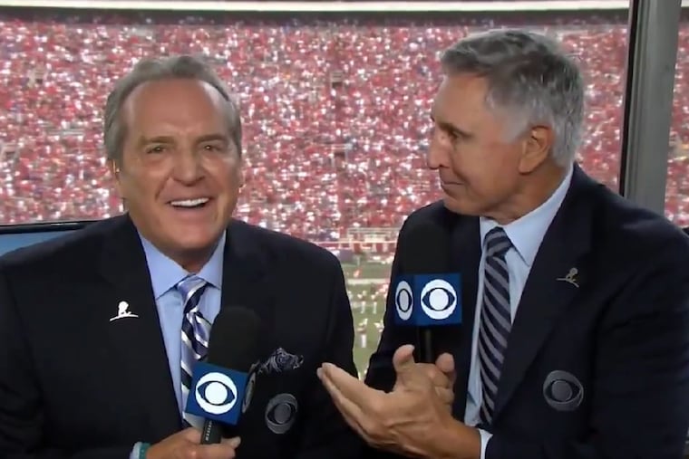 Brad Nessler (left) jokes with analyst Gary Danielson during his first broadcast for CBS after taking over for Hall of Famer Verne Lundquist.