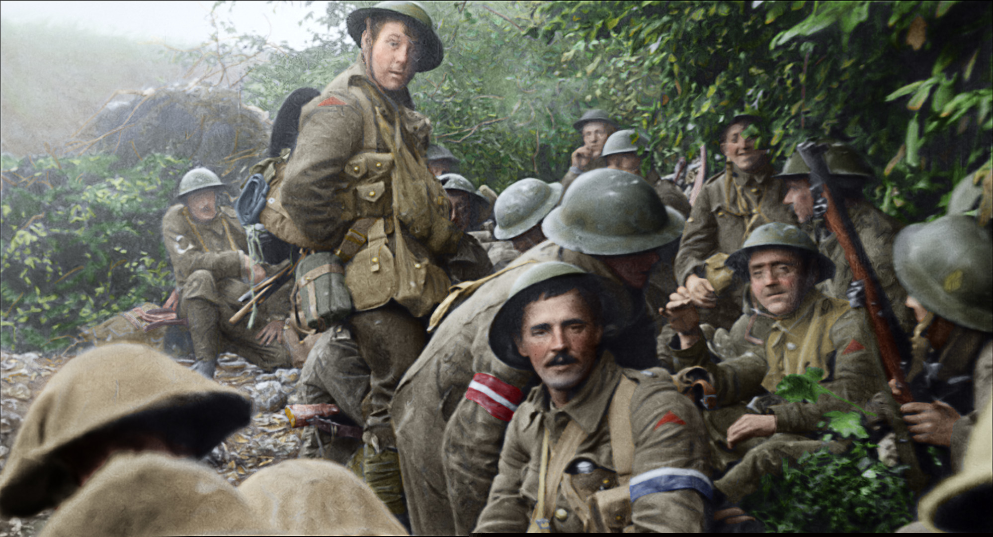This image shows a scene from the World War I documentary "They Shall Not Grow Old," directed by Peter Jackson.