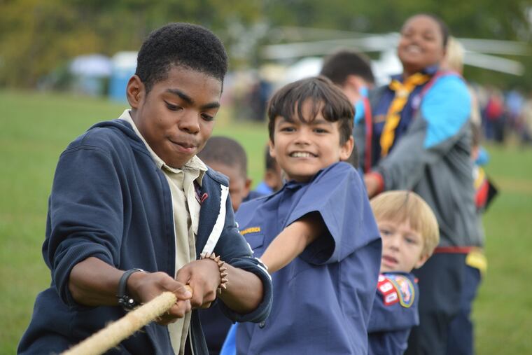 Local Scouts enjoy a game of Tug of War at the Philadelphia Encampment, a campout that gathers nearly 400 Scouts from across the city for three days of outdoor adventures.