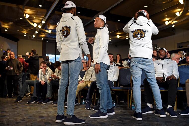 Mikal Bridges, Jalen Brunson, and Phil Booth at the Selection Sunday gathering on Villanova’s campus. The three juniors had to be team leaders this season.