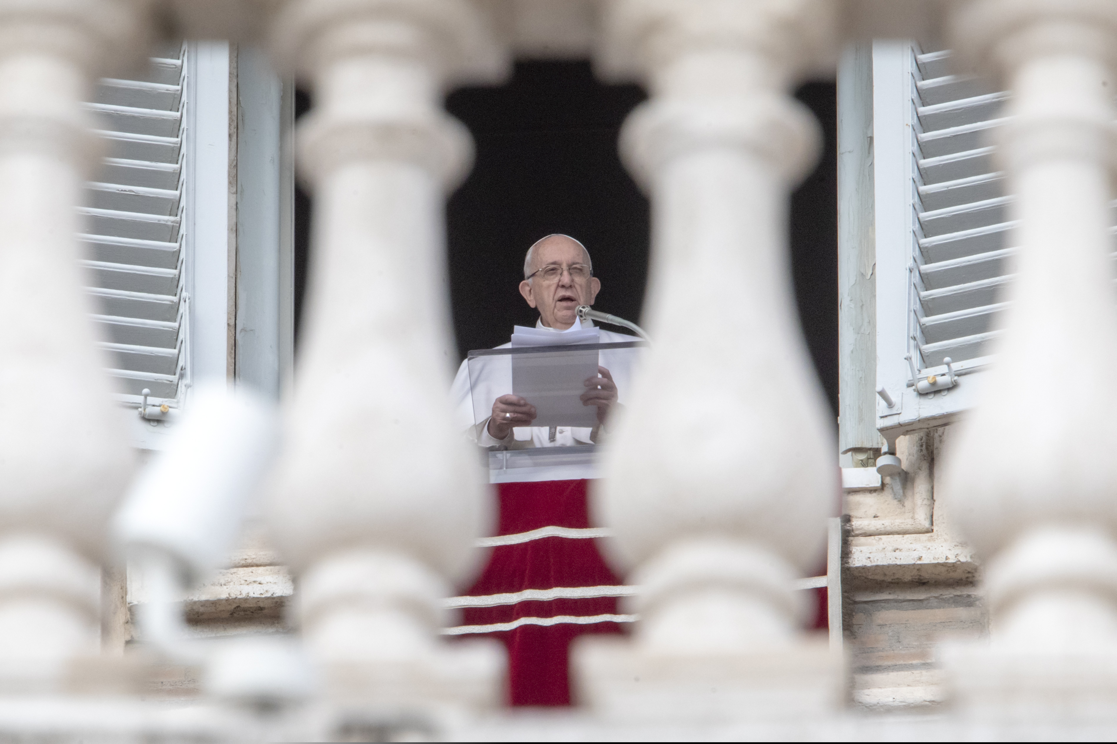 Pope Francis delivers a speech prior to reciting the noon prayer from the window of his studio overlooking St. Peter's Square, at the Vatican, on Feb. 10, 2019. ( Andrew Medichini / AP Photo )