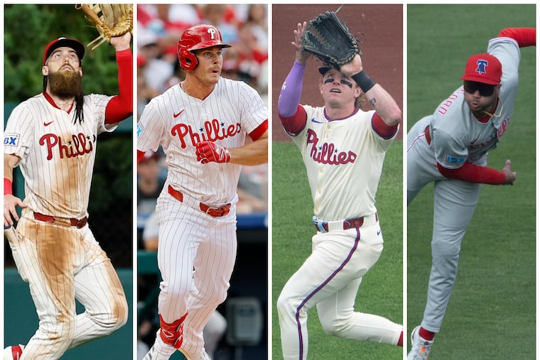 Brandon Marsh (left), Max Kepler, and Harrison Bader currently are splitting time in the Phillies' outfield. Is there room for prospect Justin Crawford, too?