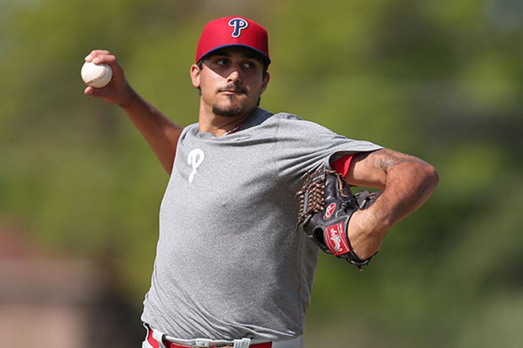 The Phillies minor league player Zach Eflin pitches during the
morning workout session at Phillies spring training in Clearwater, Fla.
on March 10, 2015. (David Maialetti/Staff Photographer)