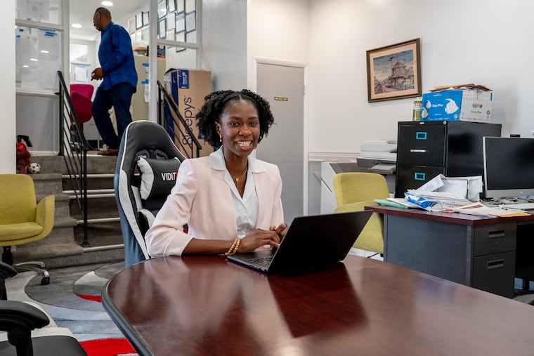 Schola Chioma Eburuoh works at the real estate office of her father, Lawrence Eburuoh, in Southwest Philadelphia. Partially inspired by watching her dad in his work, she created FiXA, an app that helps homeowners diagnose problems and connect with vetted contractors in the Philadelphia area.