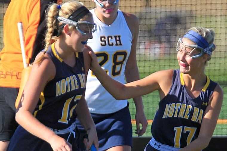 Notre Dame's Sophie Graeff (left) is congratulated by teammate Amanda Odgers after a goal. (Charles Fox/Staff Photographer)