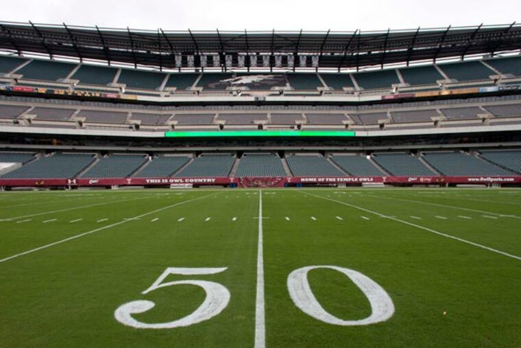 View from the 50 yard line of the football field at Lincoln Financial Field. (David M Warren/Staff Photographer)