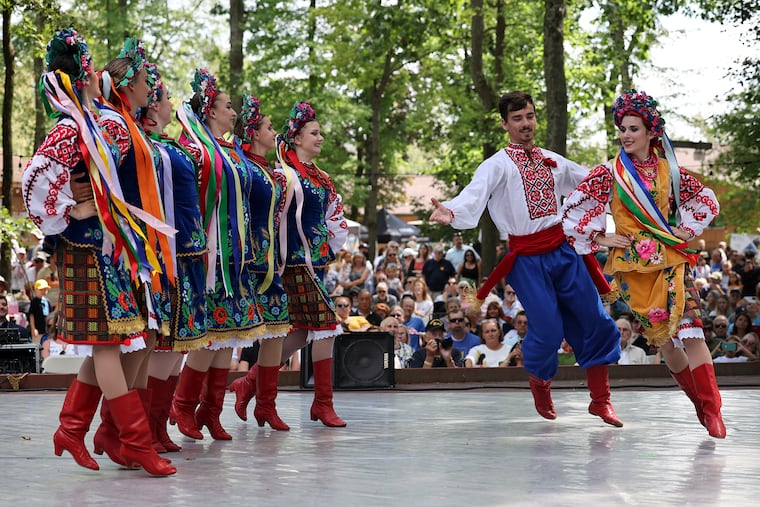 Members of the Voloshky Ukrainian Dance Ensemble perform during the Ukrainian Folk Festival 2023 at the Tryzub Ukrainian American Sport Center in Horsham, Pa., on Sunday, August 27, 2023.