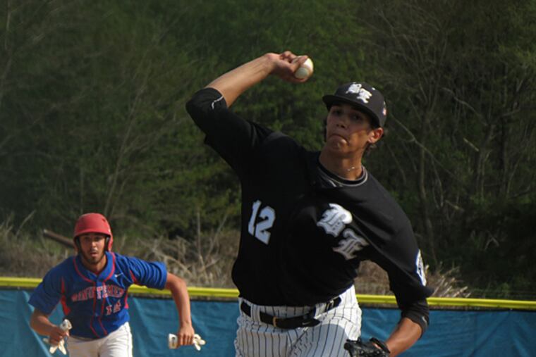 Bishop Eustace's Tyler Phillips throws a pitch against
Washington Township on Wednesday, April 29. He pitched six innings and
earned the win. (Marc Narducci/Staff"