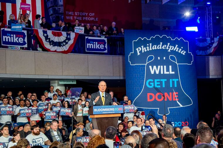 Democratic presidential candidate Mike Bloomberg during a rally at the National Constitution Center in Philadelphia on Feb. 4, 2020.