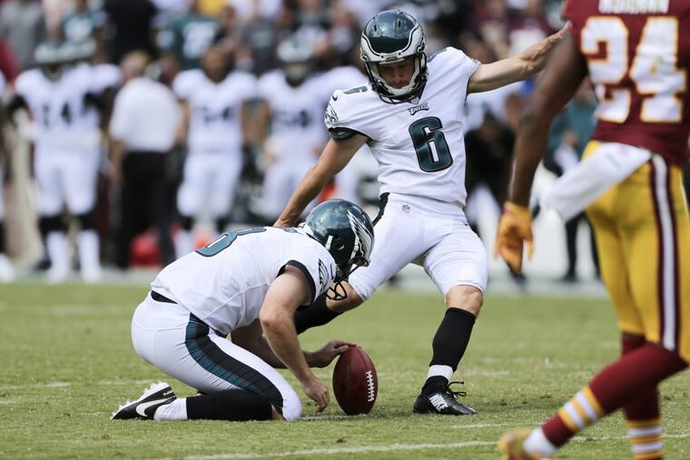 Philadelphia Eagles kicker Caleb Sturgis (6) kicks a field goal during an NFL football game between the Philadelphia Eagles and Washington Redskins, Sunday, Sept. 10, 2017, in Landover, Md. (AP Photo/Mark Tenally)