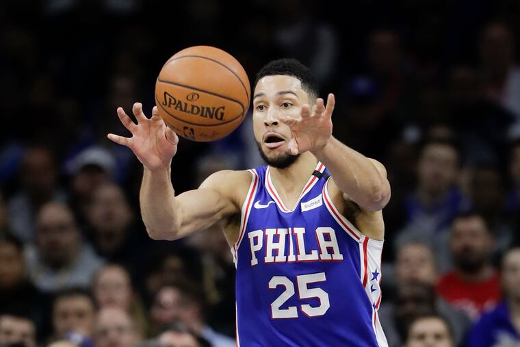Sixers guard Ben Simmons passes the ball against the Oklahoma City Thunder.