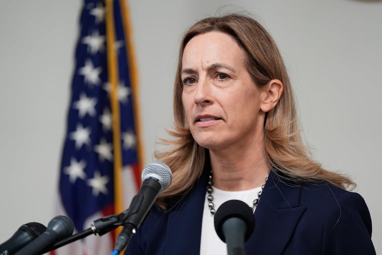 Mikie Sherrill talks to reporters during a news conference in November.