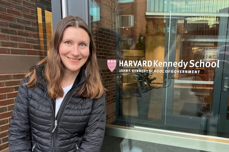 Alina Beskrovna poses outside Harvard's John F. Kennedy School of Government in Cambridge, Mass.