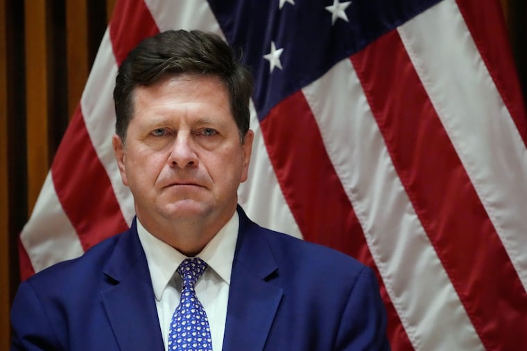 FILE - Jay Clayton, U.S. Attorney for the Southern District of New York, listens during a news conference in New York, March 9, 2026.