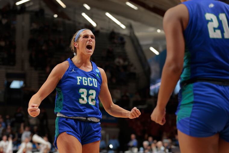 Emma List (left) celebrates with Kierra Adams of Florida Gulf Coast against Washington State during a Women's NCAA Tournament.at the Finneran Pavilion at Villanova University on March 18, 2023