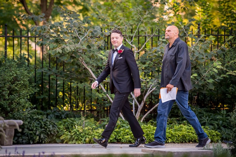 Brendan McPhillips, left, on his wedding day, with Pennsylvania Lt. Gov. John Fetterman, who officiated his wedding.