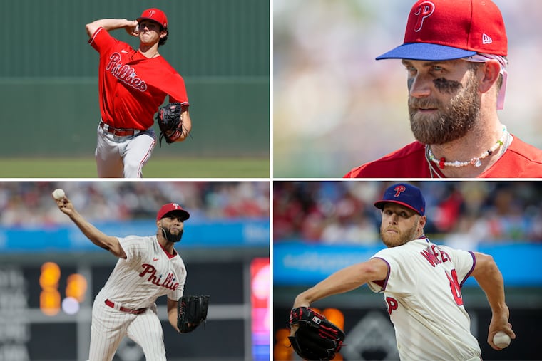 Phillies pitcher Andrew Painter, upper left, is expected to undergo Tommy John surgery. Others to get the procedure are (clockwise from upper right) Bryce Harper, Zack Wheeler, and Seranthony Dominguez.