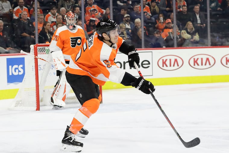 Flyers defenseman Phil Myers heading down the ice in a recent game.