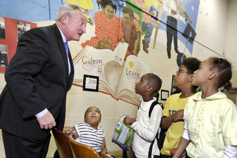 Mayor Kenney jokes with students at Gideon Elementary, a Philadelphia community school.