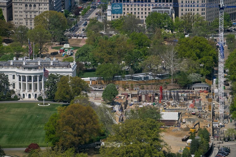 Work continues April 9 on the construction of the ballroom at the White House, where the East Wing once stood.