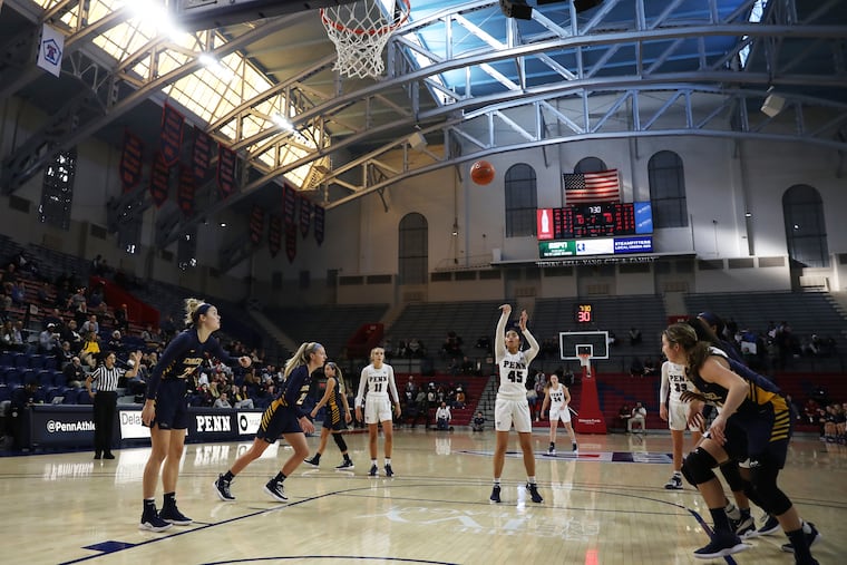 Penn freshman Guard Kayla Padilla (45) shoots a free throw during the first half of the of the Quakers' 53-49 win over Drexel on Friday.