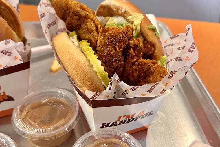 The Uncle Jerome hot chicken sandwich at the Big Chicken stand at the Concourse at the Comcast Center, 1701 JFK Blvd.