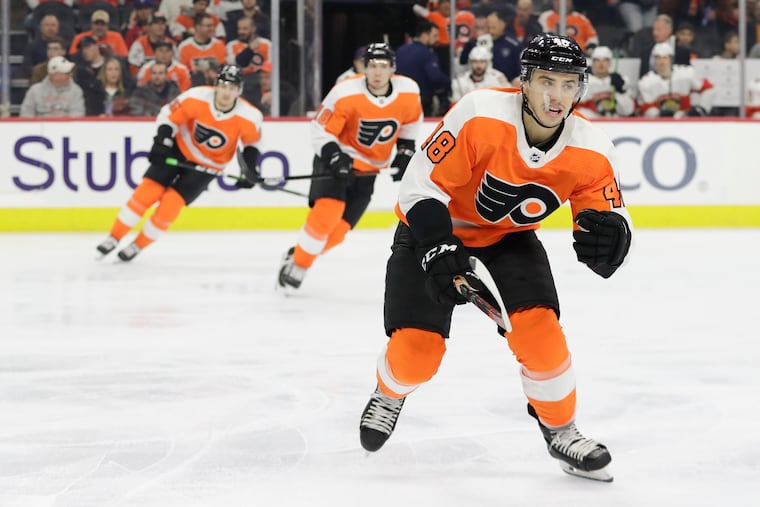 Morgan Frost scored two goals in his 20 games with the Flyers last season.