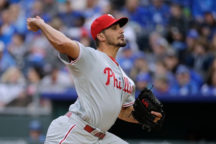 Philadelphia Phillies starting pitcher Zach Eflin throws during the first inning of a baseball game against the Kansas City Royals, Saturday, May 11, 2019, in Kansas City, Mo. (AP Photo/Charlie Riedel)