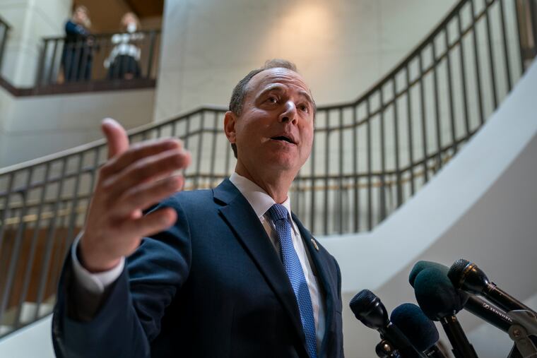 Rep. Adam Schiff, D-Calif., chairman of the House Intelligence Committee, speaks with reporters about a whistleblower complaint Thursday, Sept. 19, 2019, on Capitol Hill in Washington.