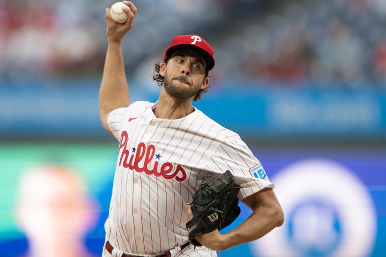 Aaron Nola pitching during his last outing for the Phillies on May 14 against the St. Louis Cardinals.