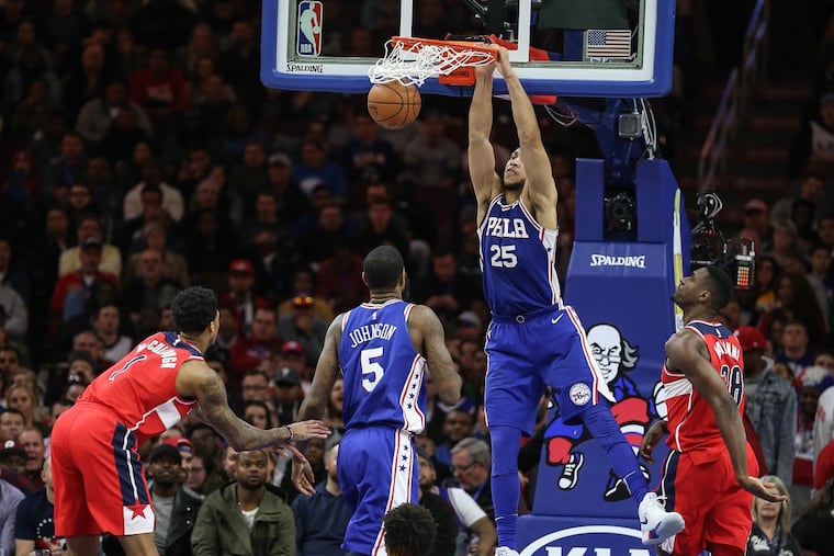 Philadelphia 76ers rookie Ben Simmons dunks against the Washington Wizards.