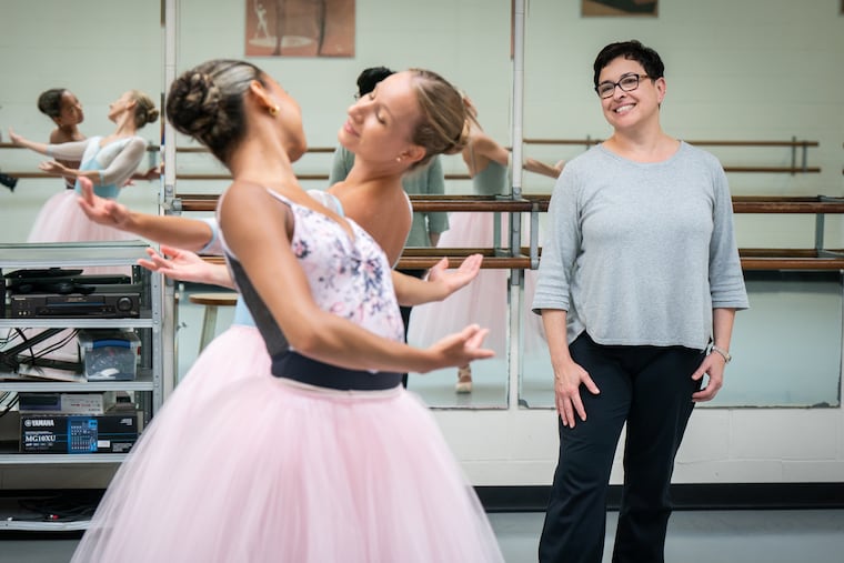 (Left to Right) Michelline Bender, left, Amber Aufiero, second from left, Melinda Pendleton, right, at her ballet school the Pennsylvania Academy of Ballet.in Narberth Pennsylvania, on Wednesday, July 23, 2024.