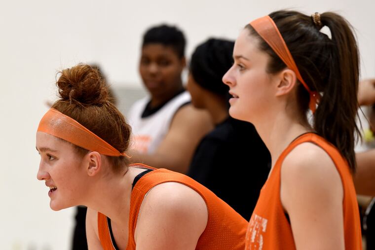 Cherokee High School sisters, sophomore Alexa Therien (left) and junior Ava Therien (right) on the sideline together at basketball practice on Wednesday.
