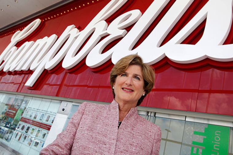Denise Morrison stands in the lobby of the Campbell Soup Co. headquarters in Camden, N.J., Tuesday, July 12, 2011. (AP Photo/Mel Evans)