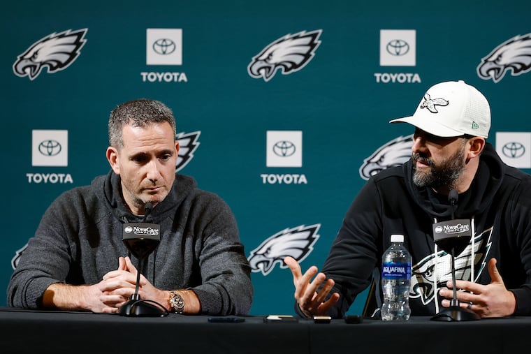 General manager Howie Roseman (left) and head coach Nick Sirianni have much to consider that goes beyond the offensive coordinator search.
