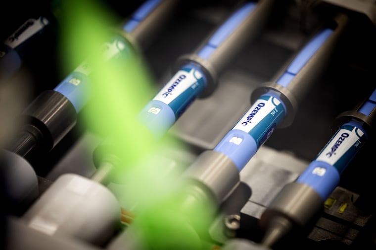 Ozempic injection pens move along a conveyor at the Novo Nordisk A/S production facilities in Hillerod, Denmark, on Tuesday, Sept. 26, 2023. Novo's Ozempic and Wegovy injectable drugs, a class of medicines known as GLP-1s, could soon be faced with many new competitors. MUST CREDIT: Bloomberg photo by Carsten Snejbjerg