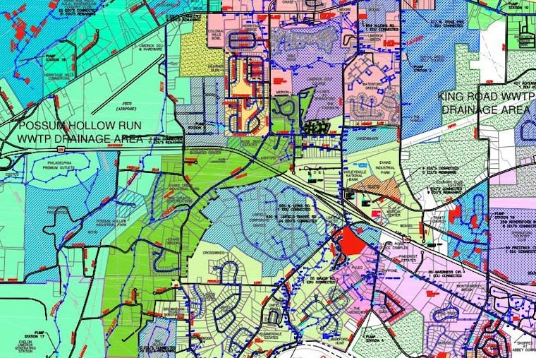 Limerick Township is selling its wastewater treatment system to Aqua Pennsylvania for $75.1 million. This is a map showing the catchment areas of the system's Possum Hollow Run and the King Road wastewater treatment plants