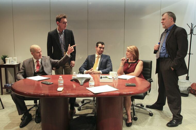 (Left to right:) Allen Radway, Harry Watermeier, Alex Hughes, D’Arcy Dersham, and William Zielinski in the Theatre Exile production of “Ideation,” through Nov. 5.