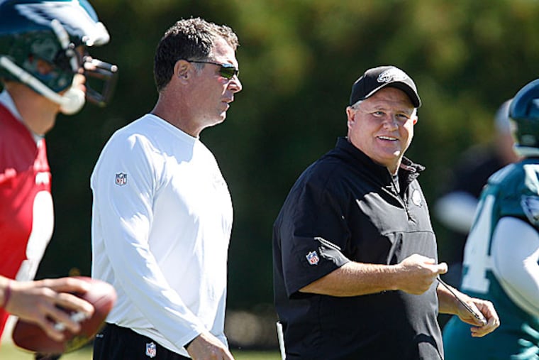Eagles head coach Chip Kelly and offensive coordinator Pat Shurmur. (David Maialetti/Staff Photographer)