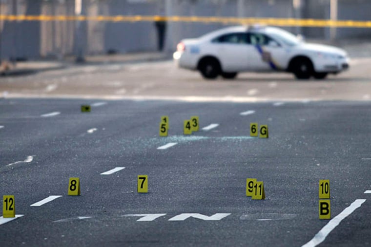 Crime scene unit officers investigate a shooting along Columbus Boulevard earlier this year. Police say that improved methods have contributed to the decrease in crime in Philadelphia. ALEJANDRO A. ALVAREZ / STAFF PHOTOGRAPHER