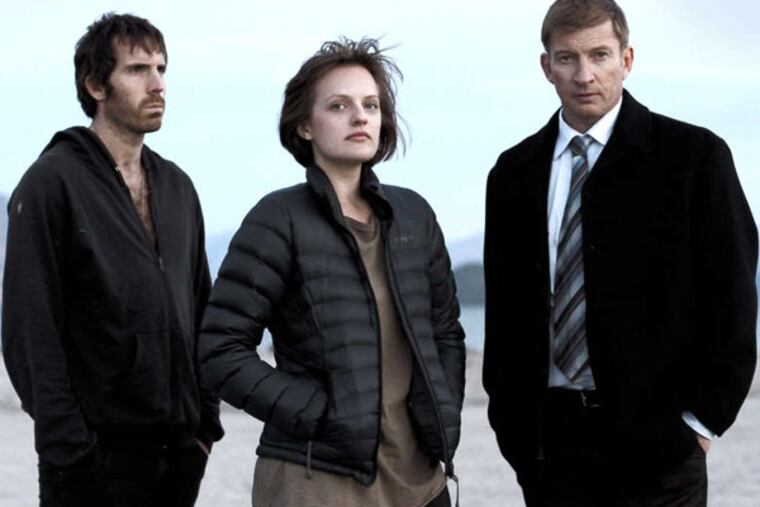 Thomas M. Wright (left), Elisabeth Moss, and David Wenham in Jane Campion's miniseries, "Top of the Lake."