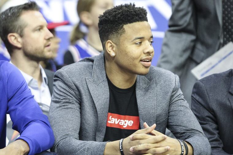 Injured Sixer Markelle Fultz watching a game against the Bulls last month at the Wells Fargo Center.