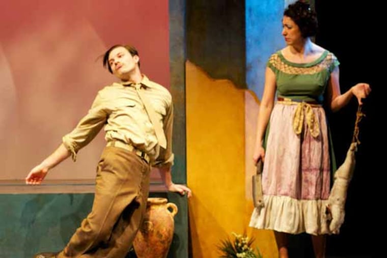 Philadelphia Shakespeare Festival production of "Much Ado About Nothing": Photo by Chris Miller. Chance Dean and Eleni Delopoulos