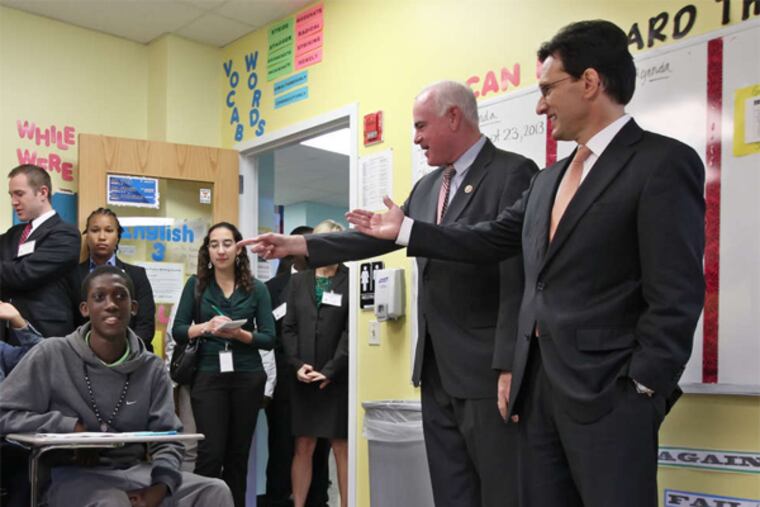 Majority Leader Eric Cantor (right) and U.S. Rep. Patrick Meehan visit Freire Charter. "Within 10 years, education opportunity and school choice will be a reality for every single student in America," Cantor predicted.