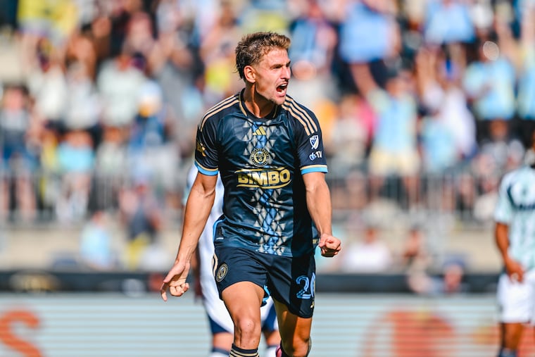 Bruno Damiani celebrates scoring the winning goal during the Philadelphia Union's Major League Soccer (MLS) game against the New England Revolution at Subaru Park in Chester, Pennsylvania on Saturday, September 20, 2025.