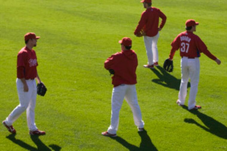The Phillies work out at Citizens Bank Park in preparation for tomorrow's Game 1 of the National League Championship Series. "I'm going to try to enjoy it," pitcher Jamie Moyer says.