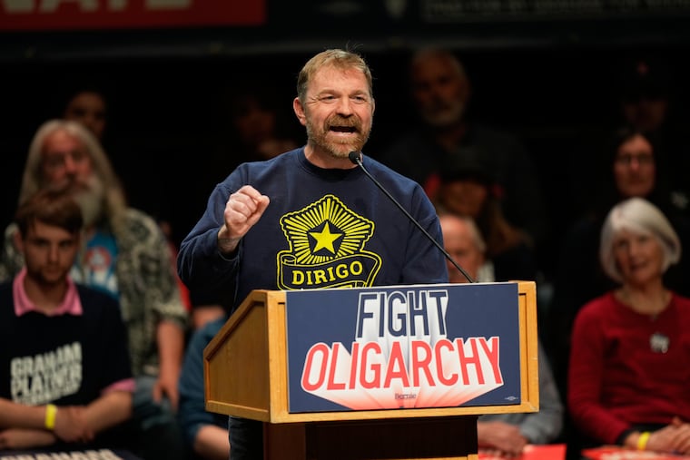 Graham Platner, Democratic candidate for U.S. Senate, speaks at an event hosted by Sen. Bernie Sanders in Orono, Maine, Sunday, May 24, 2026.
